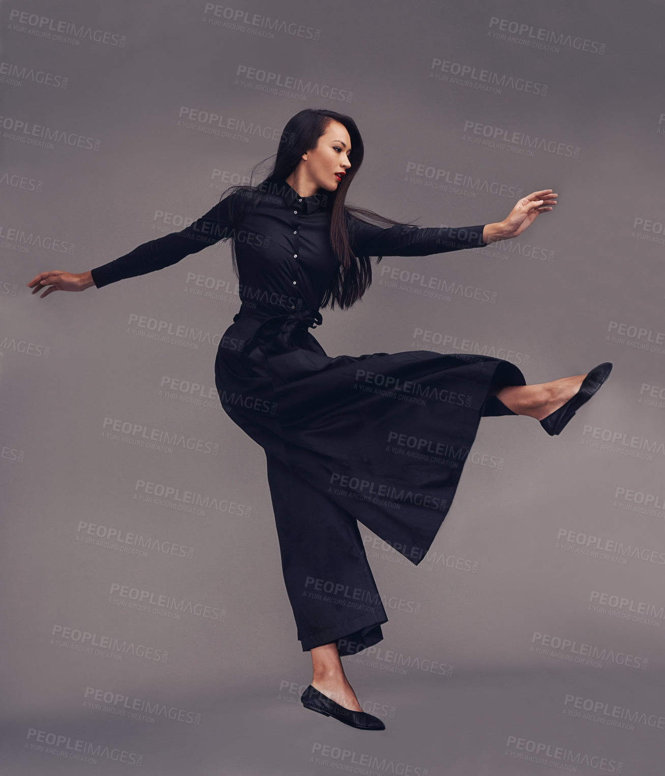 Buy stock photo Training, young woman or martial arts outfit for training, confidence or warrior isolated on studio background. Female ninja, athlete or lady practice, motivation or practice for competition or relax