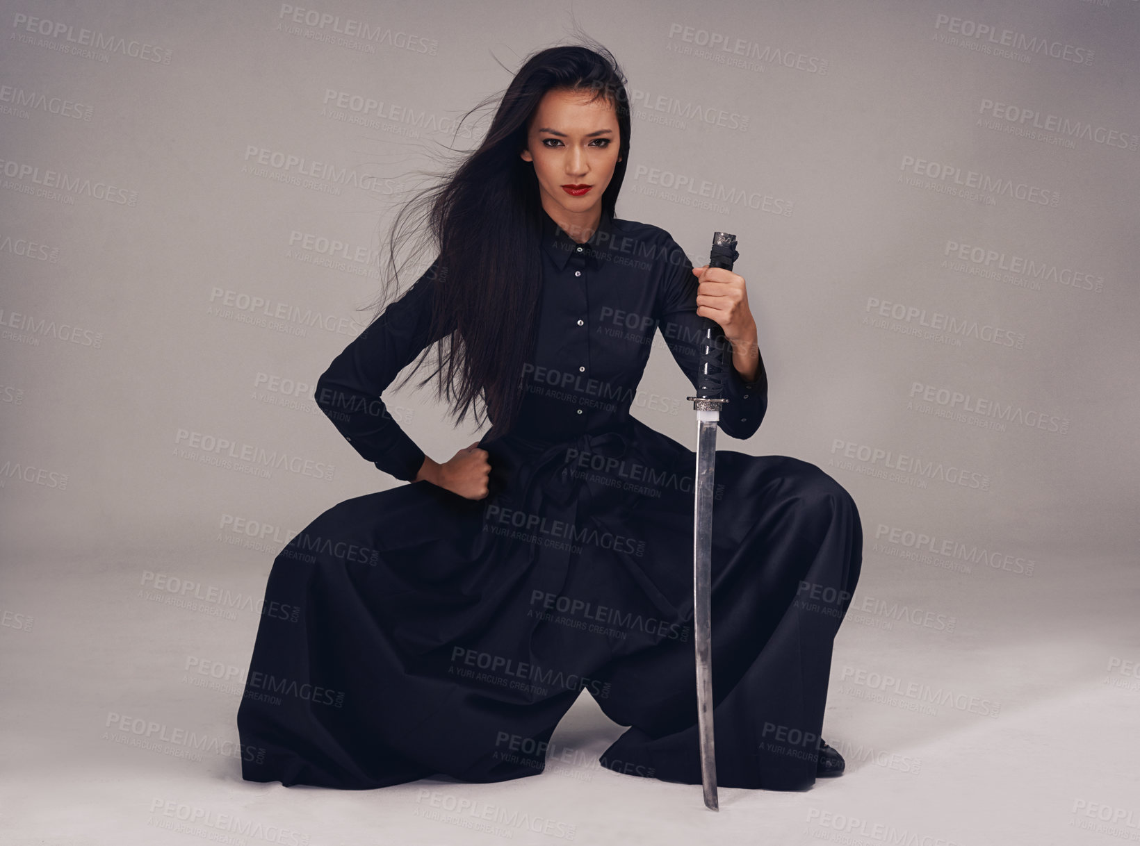 Buy stock photo Samurai portrait, sword and asian woman warrior, ninja or fighter focus on fight for power, cosplay and fantasy. Asian female from Japan in black fashion with beauty, action and weapon for art deco