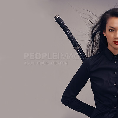 Buy stock photo Samurai, ninja and portrait of woman with sword in studio isolated on gray background mockup. Face, sports and martial arts of young female warrior with blade ready for workout, training or exercise.
