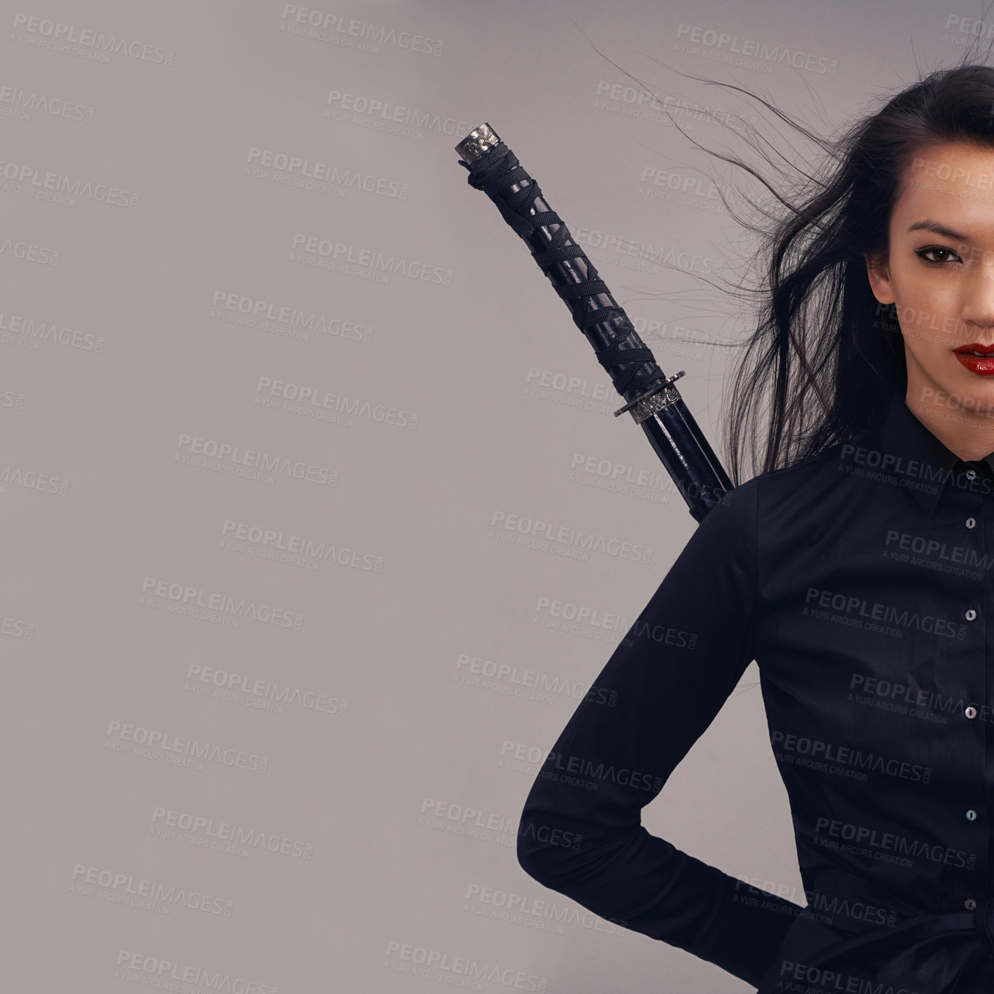 Buy stock photo Samurai, ninja and portrait of woman with sword in studio isolated on gray background mockup. Face, sports and martial arts of young female warrior with blade ready for workout, training or exercise.