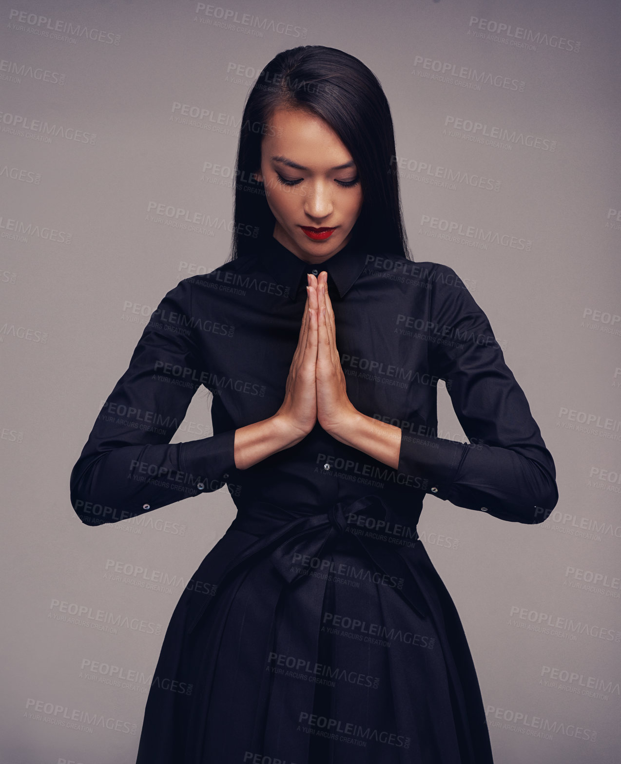 Buy stock photo Fitness tai chi, martial arts and woman with prayer hands in studio isolated on gray background. Face, karate meditation and female fighter with hand gesture ready for workout, exercise or training.
