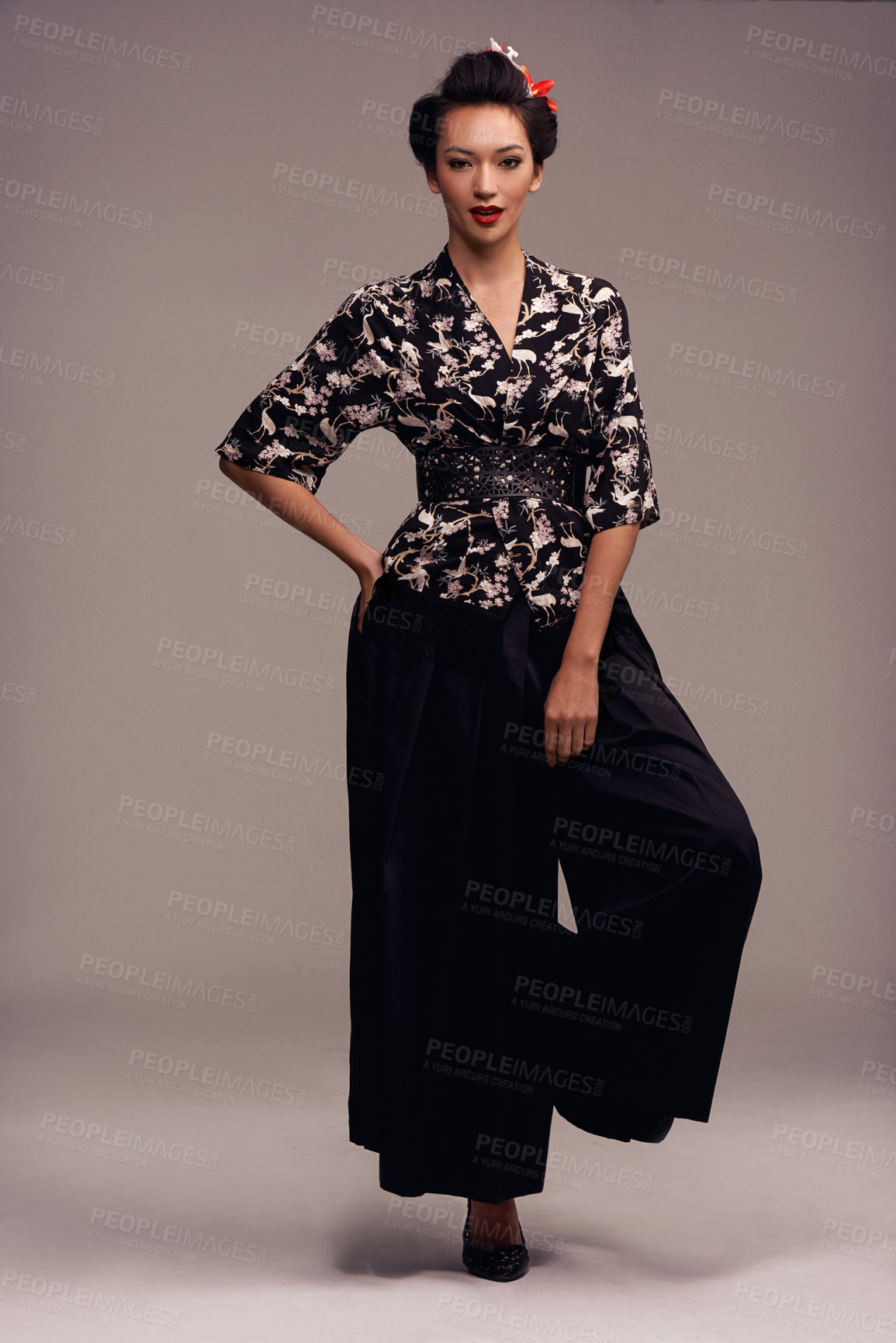 Buy stock photo Fashion, portrait and Japanese woman with heritage and Asian clothing with traditional outfit in studio. Culture, creative and clothes with person from Japan with brown background and confidence
