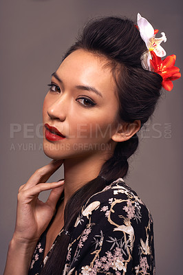 Buy stock photo Japanese woman, portrait and culture in studio, beauty and traditional aesthetic on brown background. Female person, cosmetics and self care for dermatology, heritage and attitude for serious makeup