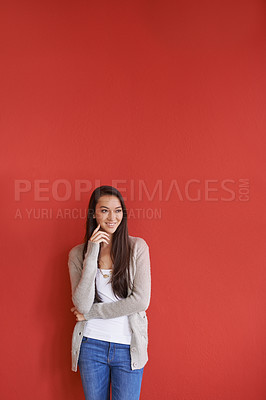 Buy stock photo Woman, mockup or thinking of fashion, business or vision as question, idea on red background. Professional, female designer or planning of dream, clothing or denim boutique apparel as happy memory