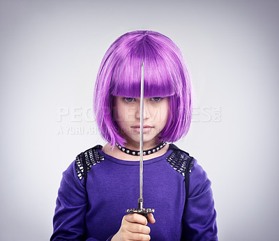 Buy stock photo Sword, studio portrait and samurai girl doing fantasy role play, anime cosplay or dress up as purple superhero character. Cyberpunk warrior, scifi halloween vigilante or youth kid on white background