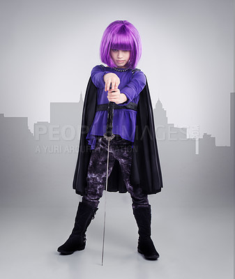 Buy stock photo Portrait, girl or hero costume, fantasy or cosplay character isolated on white studio background. Young person, female child or dress up outfit for superhero, fighter or sword on city shadow backdrop