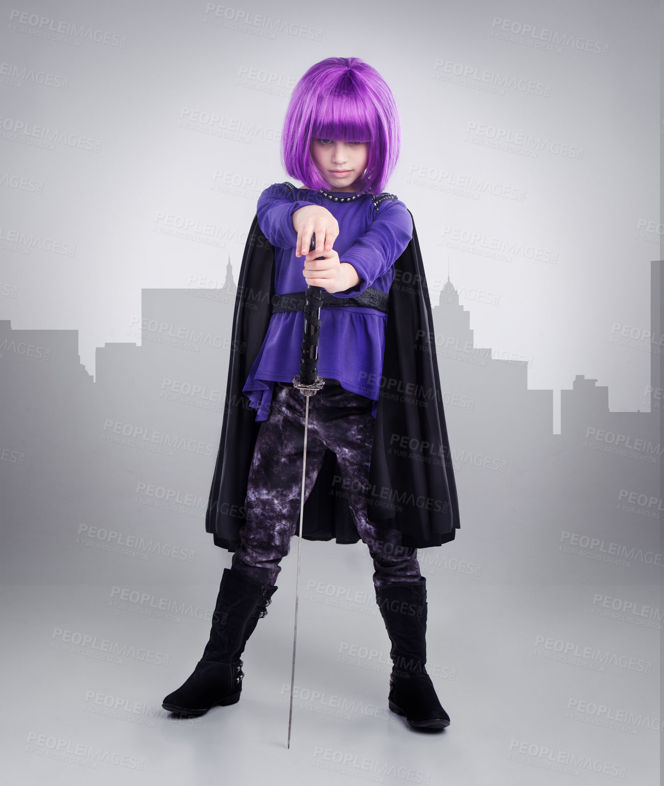 Buy stock photo Portrait, girl or hero costume, fantasy or cosplay character isolated on white studio background. Young person, female child or dress up outfit for superhero, fighter or sword on city shadow backdrop