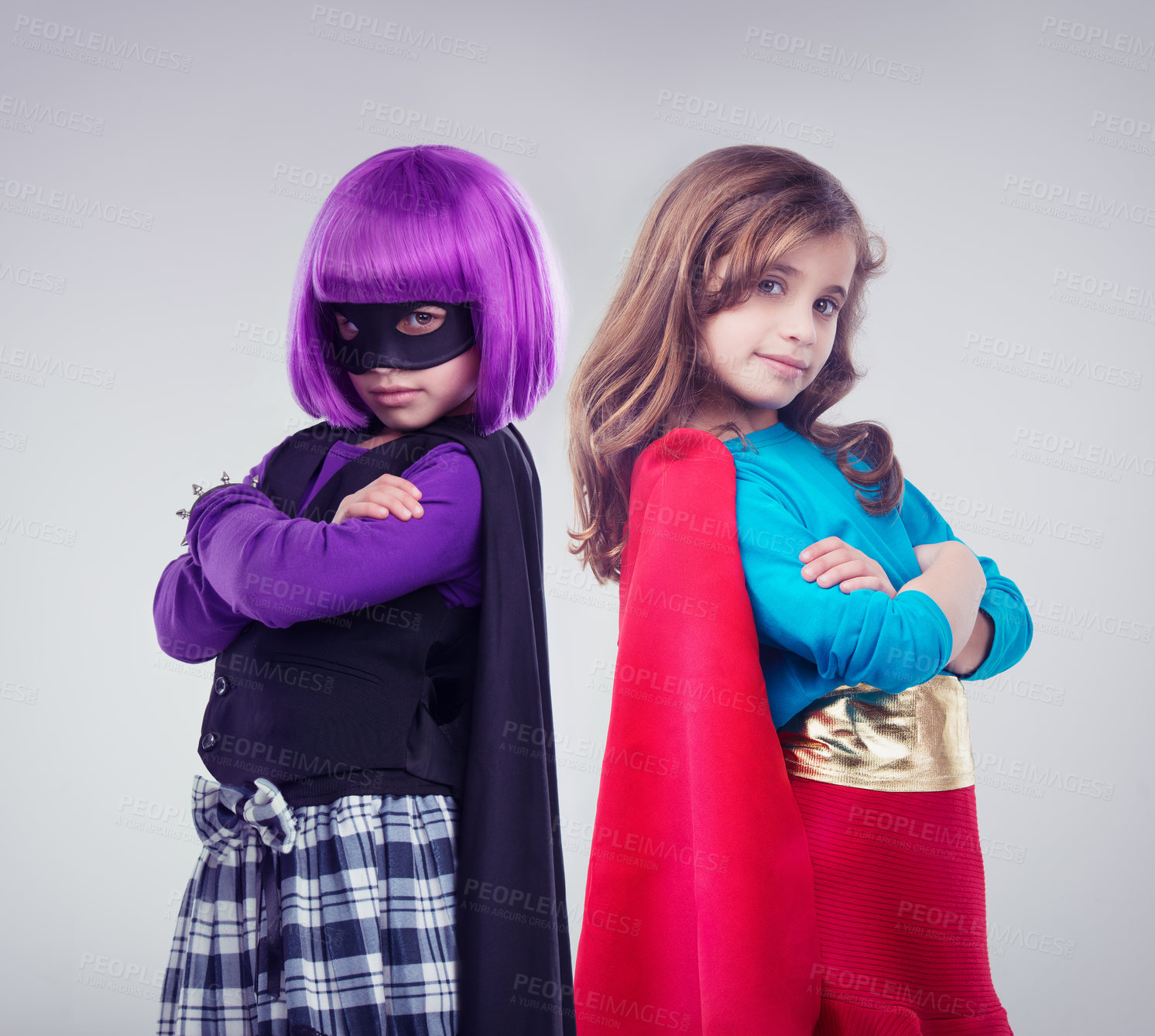 Buy stock photo Superhero, costume and girls in studio portrait in cosplay, halloween or friends birthday party. Power, anime and children in red, blue and purple design for avatar, character or villain story mockup