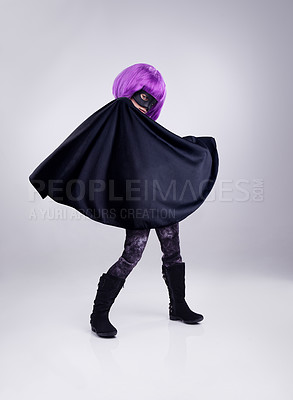 Buy stock photo Costume, girl and hero outfit for fantasy, party and kid isolated on white studio background. Cosplay, female child or young person in character for play, dress up and imagination with mask and cape