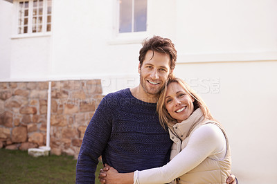 Buy stock photo New home, outdoor portrait and happy couple hug for house, real estate and property purchase, sale or investment. Mortgage, happiness and smiling woman, man or homeowner people embrace for relocation