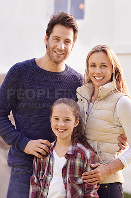 Buy stock photo Portrait, family and happy child, mother and father support, bonding and enjoy outdoor quality time together in Spain. Love, parents and happiness of mama, papa and youth kid smile for unity care