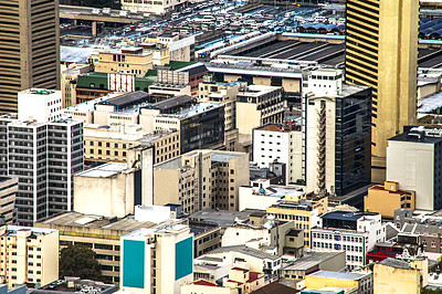 Buy stock photo City skyline, urban buildings and landscape for development, infrastructure and outdoor in Cape Town. Metro cbd, skyscraper and tower building in modern cityscape, street and architecture network