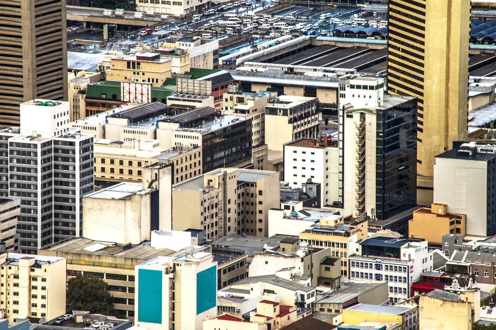 Buy stock photo City skyline, urban buildings and landscape for development, infrastructure and outdoor in Cape Town. Metro cbd, skyscraper and tower building in modern cityscape, street and architecture network