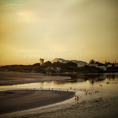 Buy stock photo Shot of a group of houses by the beachside