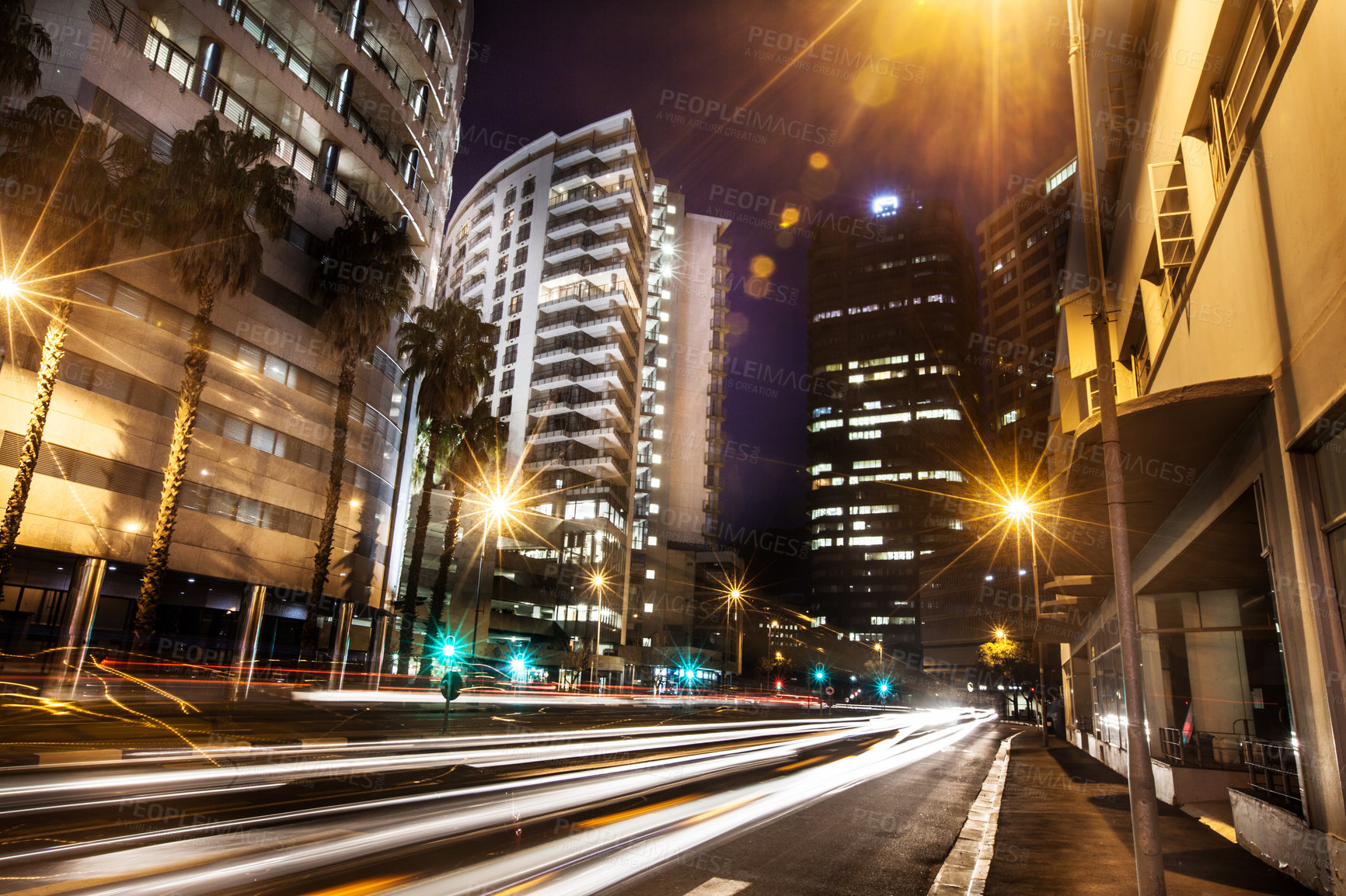 Buy stock photo Light, speed and night with traffic in city for travel, technology and transportation. Architecture, highway and technology with cars driving fast in street for moving, infrastructure and journey