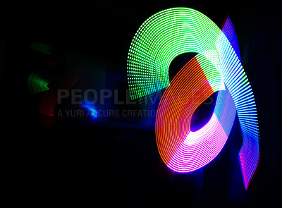 Buy stock photo Abstract, art and light illustration against a black background for energy, glow or movement flow. Neon, creative and colorful pattern with mockup for speed, vibration or texture with color splash