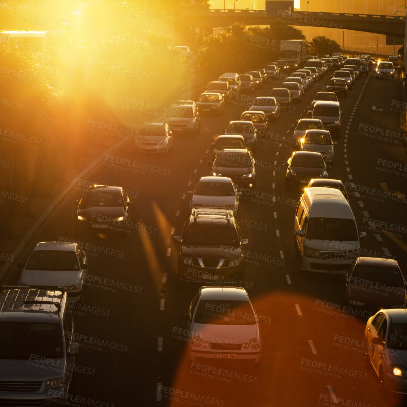 Buy stock photo Traffic jam, sunset and highway with cars in road for transportation, rush hour and travel. Journey, automobile and driving with vehicles in urban city for morning commute, moving and busy street