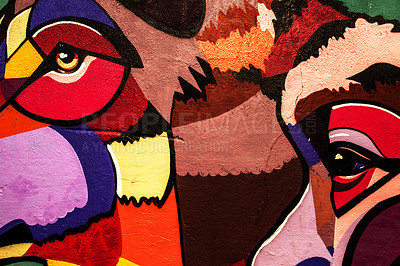 Buy stock photo City art, graffiti and design closeup with paint and creativity outdoor in neighborhood. Urban wall mural animal graphic and illustration with creative painting and artwork picture outside