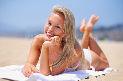 Buy stock photo Tropical, tanning and woman with smile, relax and bikini for summer vacation, break and holiday. Adult, girl and female person in Brazil for happiness, beach and sunshine on body and outdoor