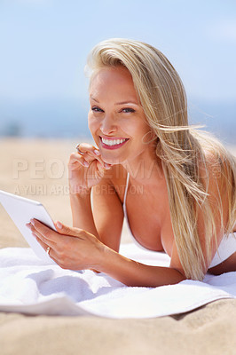 Buy stock photo Woman, tablet and ocean and holiday portrait, female person and smile outdoor or technology for entertainment. Browsing, social media or stream online on vacation, happy or calm on Miami summer trip