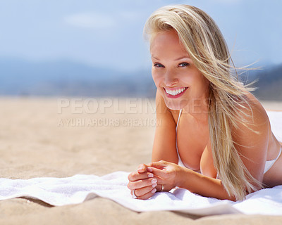 Buy stock photo Summer, vacation and woman in bikini, relax and smile for peace in break and holiday for leisure. Adult, girl and female person in Brazil for happiness, tropical and sunshine on body and outdoor