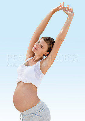 Buy stock photo Pregnancy, blue sky and woman stretching outdoor with summer workout, wellness and health. Warm up, training and expectant female person for care of pregnant body, fitness and morning exercise