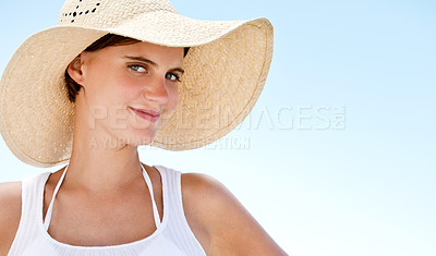 Buy stock photo Woman, smile and portrait with hat for beach, weather and fashion for style, relax and protect on mockup. Young person, happy and attractive for trip and travel for ocean, sunny and sky for summer 