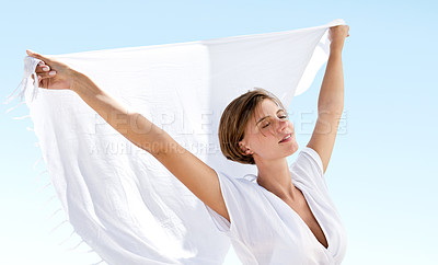 Buy stock photo Freedom, peace and woman with fabric in wind outdoor on vacation or holiday in summer with happiness. Cloth, material and girl relax with silk in air with blue sky in background with wellness