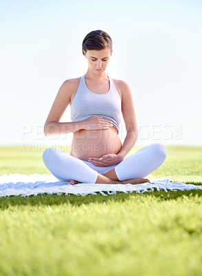 Buy stock photo Pregnant woman, mom and yoga in park with stomach, health and fitness with prenatal workout for wellness. Pregnancy body, motherhood and exercise outdoor, pilates with belly and balance for self care