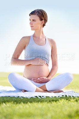 Buy stock photo Pregnant woman, mom and yoga in park with belly, health and fitness with prenatal workout for wellness. Pregnancy body, motherhood and exercise outdoor, pilates with stomach and balance for self care