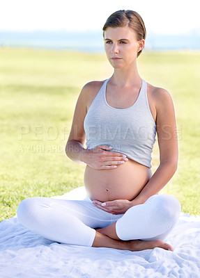 Buy stock photo Pregnant woman, mom and yoga outdoor with stomach, health and fitness with prenatal workout for wellness. Pregnancy body, motherhood and exercise in park, pilates with belly and balance for self care
