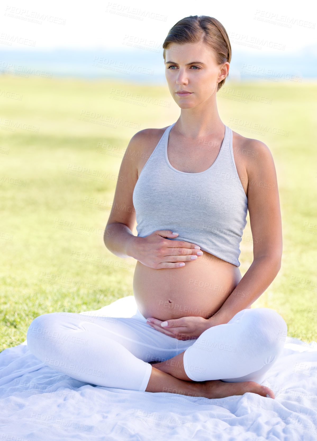 Buy stock photo Pregnant woman, mom and yoga outdoor with stomach, health and fitness with prenatal workout for wellness. Pregnancy body, motherhood and exercise in park, pilates with belly and balance for self care