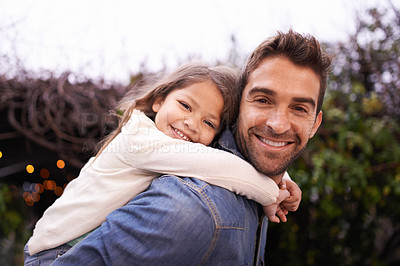 Buy stock photo Happy, piggyback or portrait with father and daughter in nature for bonding, fun and affectionate. Smile, relax and happiness with man carrying young child in garden park for support, weekend or care