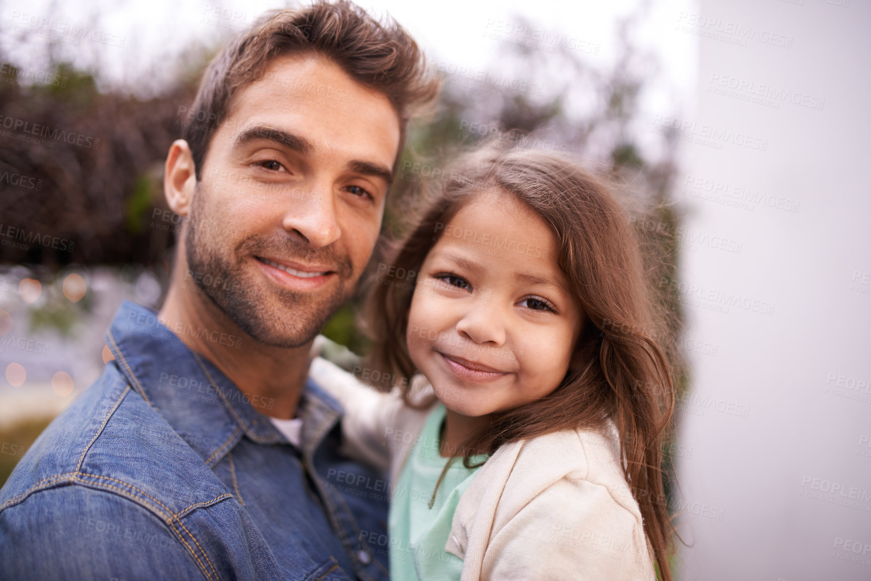 Buy stock photo Portrait, love and father carry girl for bonding, outside and fun with care . Family, parent and young daughter or kid with smile in nature, embrace and happiness for vacation or travel with dad 