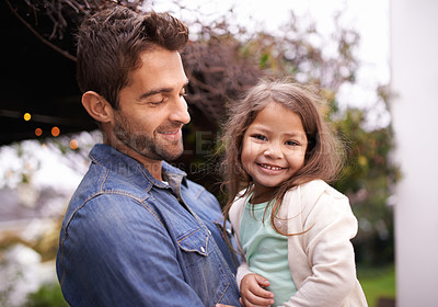 Buy stock photo Shot of a little girl and her father spending time together outdoors