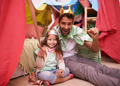 Buy stock photo Portrait, play or dad with princess in home in a bedroom fort with crown costume, girl or parent. Family castle, happiness or smile with a king, father or an excited child in a dress up or sword game