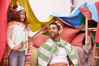 Buy stock photo King, play or dad with princess in home in a bedroom fort with crown costume, girl or parent. Family castle, happiness or smile with a knight, father or an excited child in a dress up or sword game