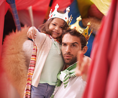 Buy stock photo Princess play, dad portrait and kid fun in a bedroom fort with costume, girl and king dad together. Castle, happiness and smile with father and child in a home feeling excited and happy about a game