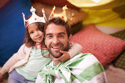 Buy stock photo Crown, dress up and dad with princess fun in a bedroom fort with costume, girl and papa together. Play castle, happiness and smile with father and child in a home excited and happy about a game