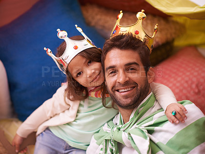 Buy stock photo Young kid, dress up portrait and dad with princess fun in a bedroom fort with costume, girl and papa. Play castle, happiness and smile with father and child in a home excited and happy about a game