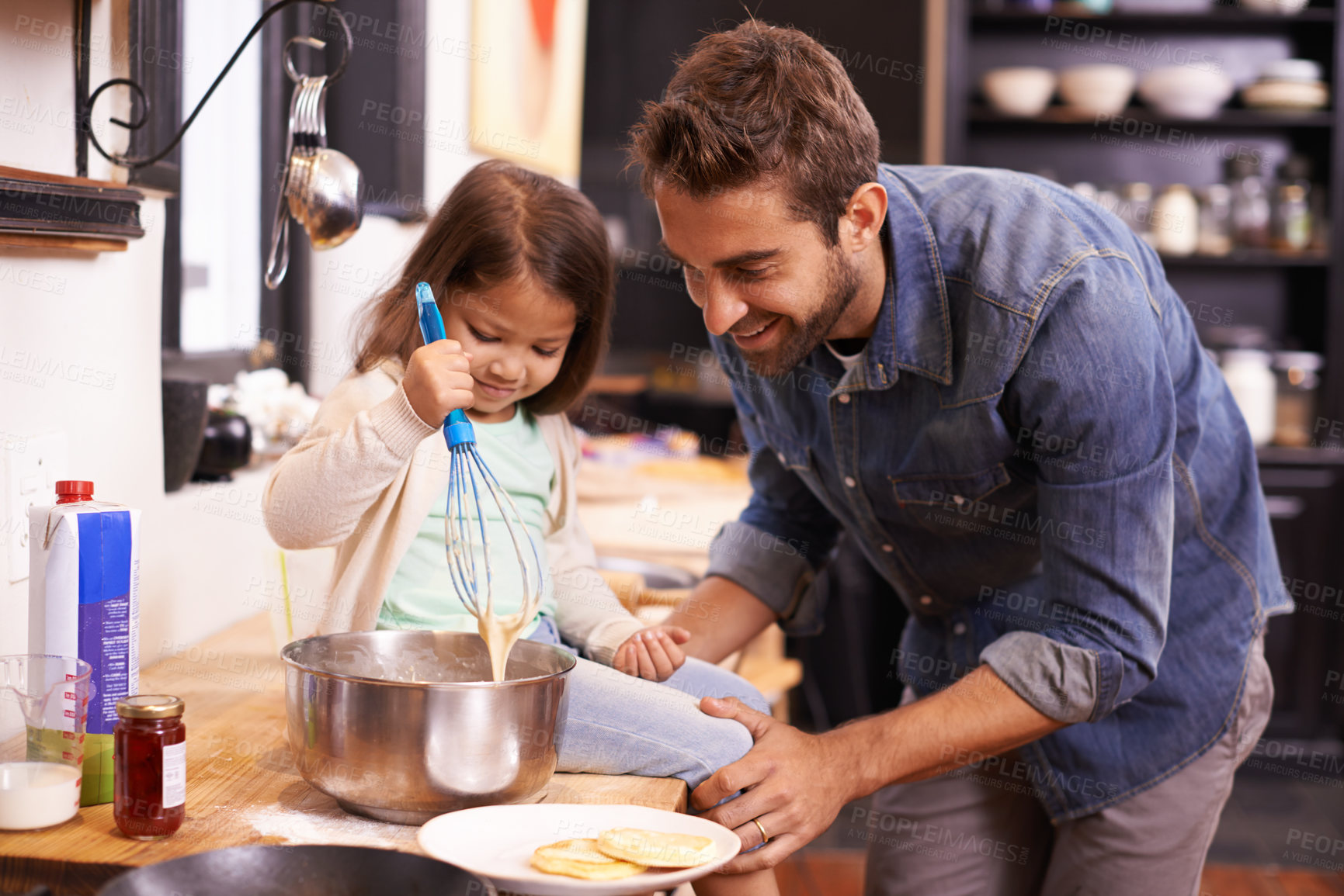 Buy stock photo Cooking, happy and breakfast for father with daughter in kitchen for pancakes, bonding or learning. Food, morning and helping with man and young girl in family home for baking, support and nutrition