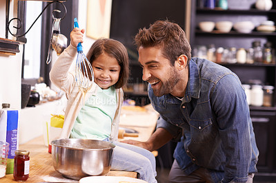 Buy stock photo Cooking, breakfast and father with daughter in kitchen for pancakes, bonding and learning. Food, morning and helping with man and young girl in family home for baking, support and teaching nutrition