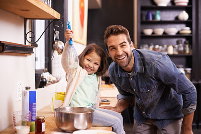 Buy stock photo Cooking, breakfast and portrait of father with daughter in kitchen for pancakes, bonding or learning. Food, morning and helping with man and young girl in family home for baking, playful or nutrition