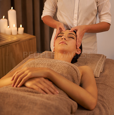 Buy stock photo Relax, face massage and female person at spa, treatment and wellness for holistic care. Calm, peace and mindset for stress relief with facial for skincare, beauty salon and masseur for selfcare glow