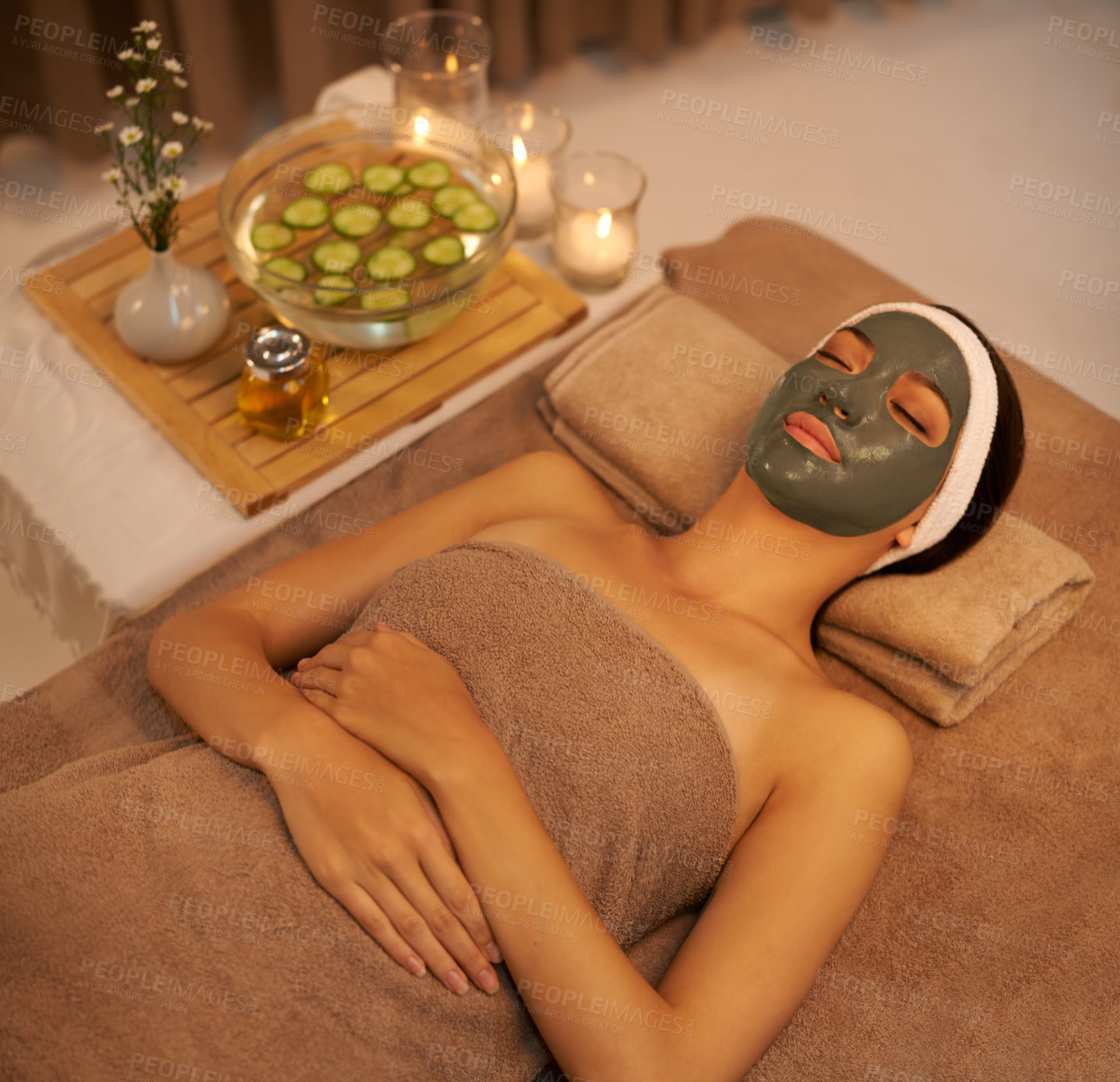 Buy stock photo Skincare, beauty and woman with face mask at spa for healthy, smooth skin and cosmetic wellness. Luxury hotel, sleep and female person with product for dermatology, natural facial and collagen