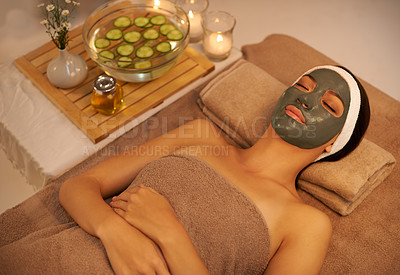 Buy stock photo Skincare, relax and woman with face mask at spa for detox, smooth skin and cosmetic wellness. Luxury hotel, sleep and female person with beauty product for dermatology, collagen and natural facial