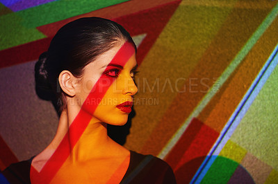 Buy stock photo Color, abstract and face of woman by art, light and pattern of shapes serious for creative career. Deco, female person and lady by wall with skin for cosmetics, beauty and makeup or treatment