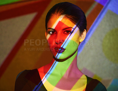 Buy stock photo A beautiful model in the studio covered with a myriad of abstract lighting