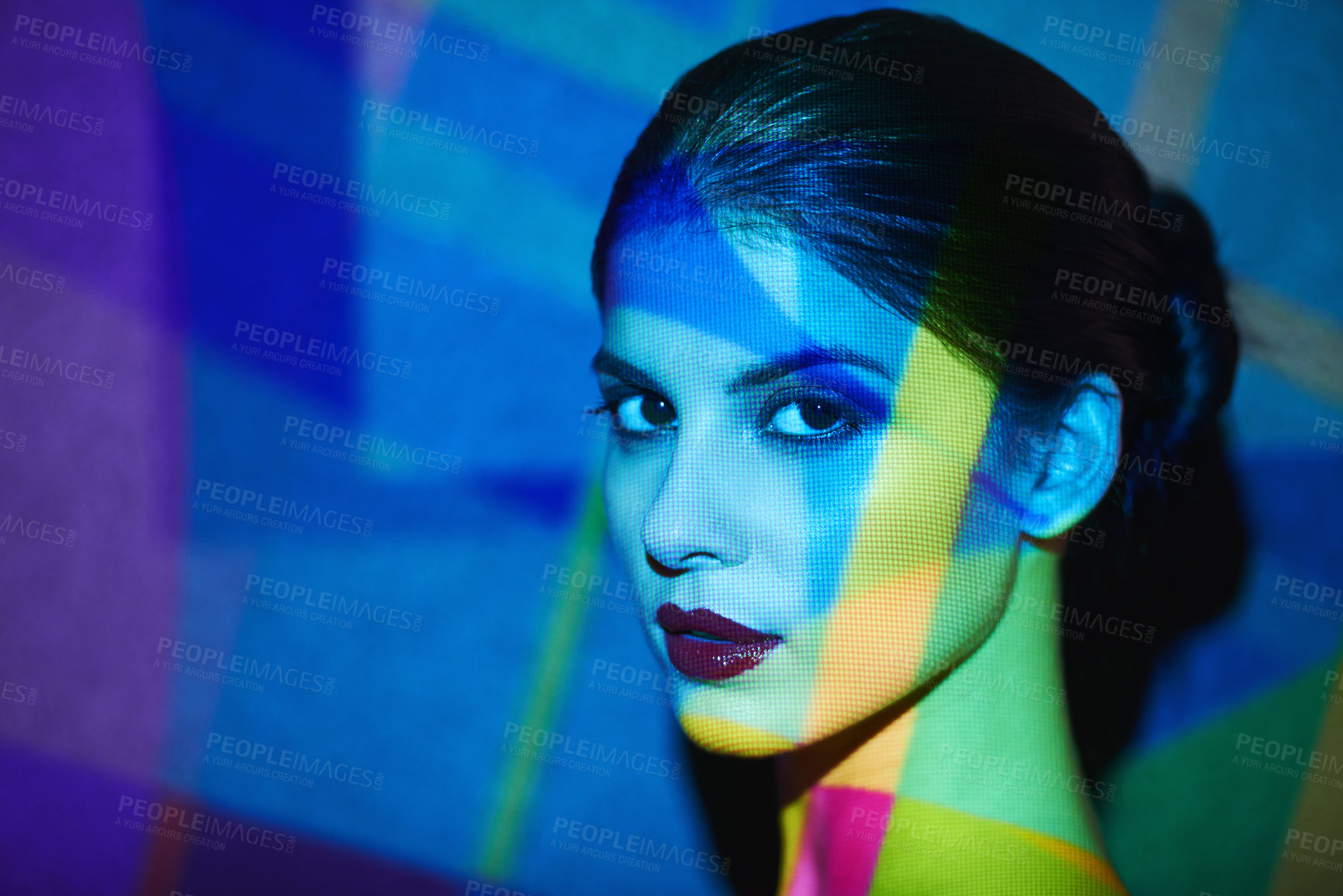 Buy stock photo A beautiful model in the studio covered with a myriad of abstract lighting