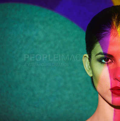 Buy stock photo Mockup, abstract and portrait of woman by color, art and pattern of shapes serious for creative career. Light, female person or surreal by wall with face for cosmetics, beauty and makeup or skin care